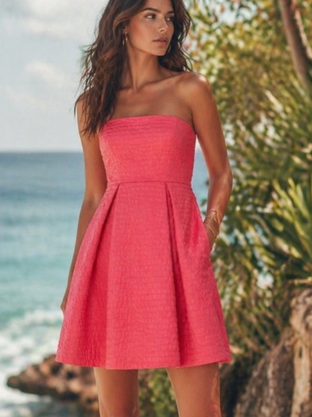 J. Crew Lorelei Deco Dot Textured Strapless A-Line Dress in Coral Pink